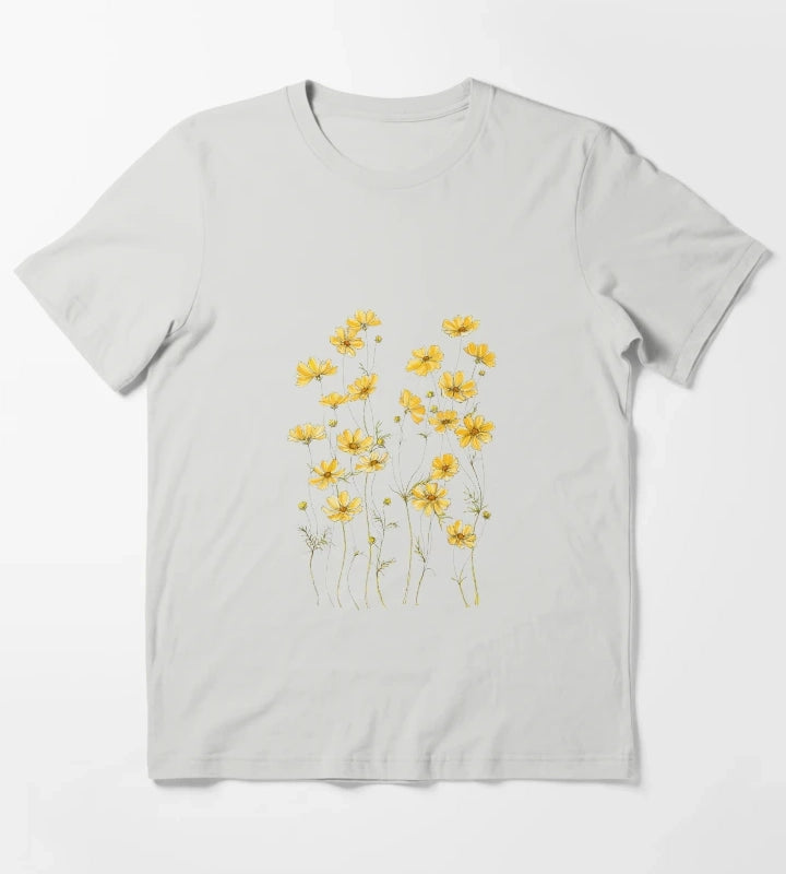 Yellow Cosmos Flowers T-Shirt Light Grey