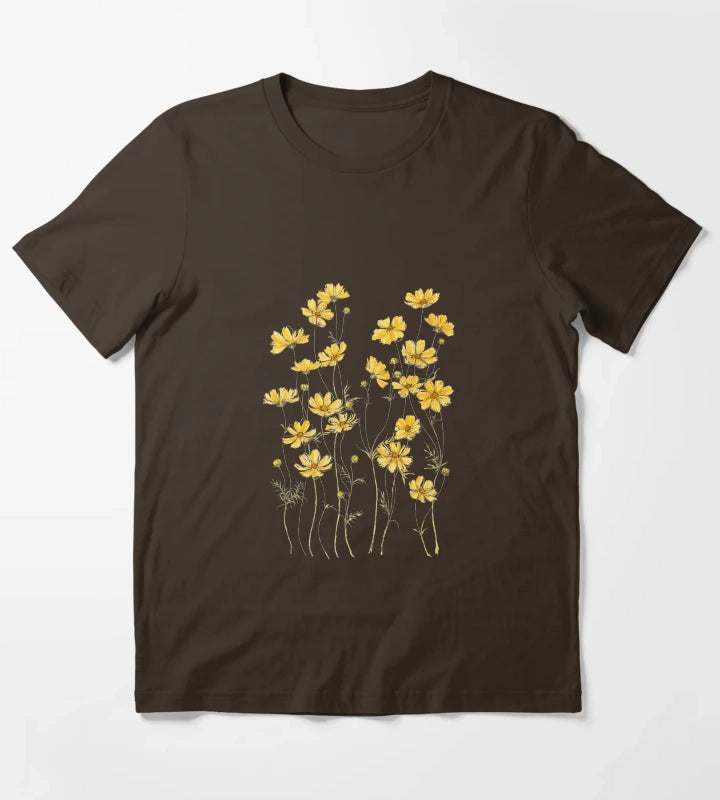 Yellow Cosmos Flowers T-Shirt Brown