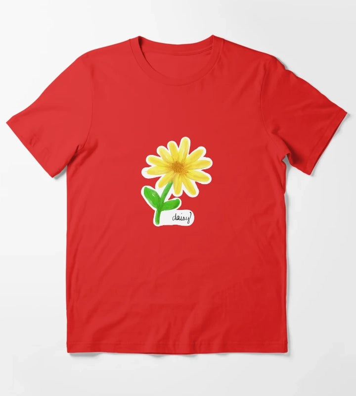 Yellow Painted Daisy with Name and Stem T-Shirt Red
