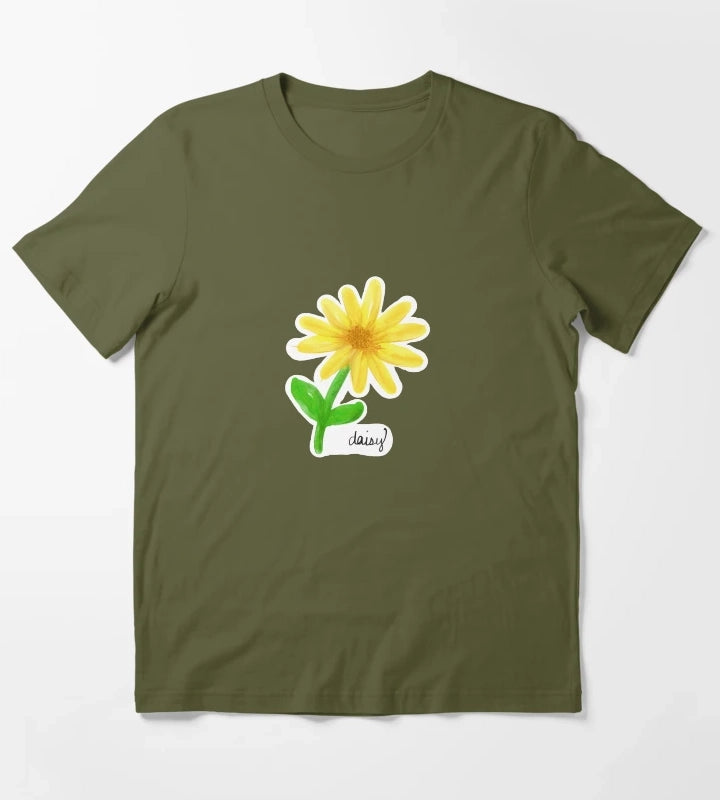Yellow Painted Daisy with Name and Stem T-Shirt Olive Green