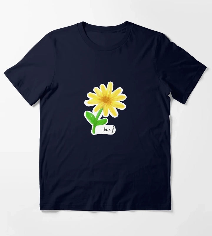 Yellow Painted Daisy with Name and Stem T-Shirt Navy