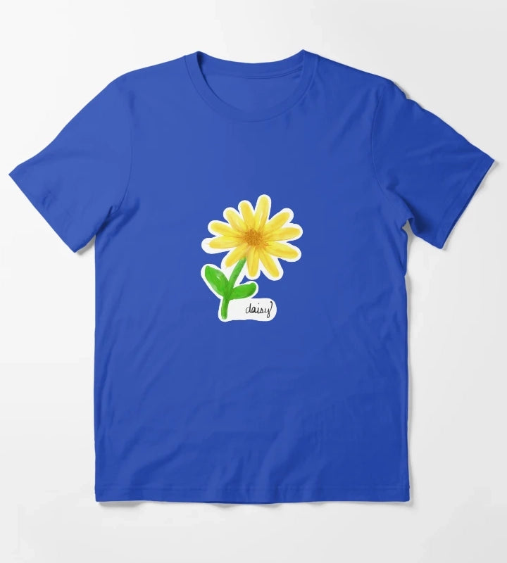 Yellow Painted Daisy with Name and Stem T-Shirt Blue