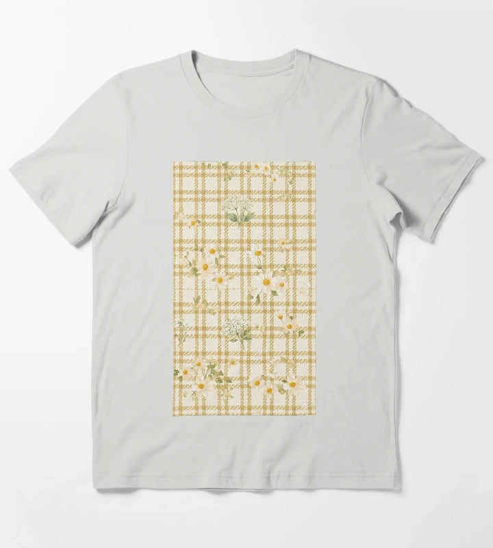 Yellow gingham daisy field pattern T-Shirt Light Grey