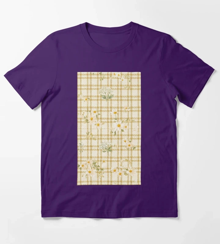 Yellow gingham daisy field pattern T-Shirt Purple