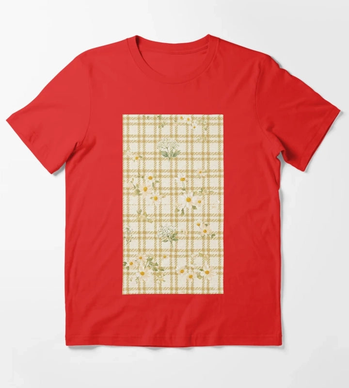 Yellow gingham daisy field pattern T-Shirt Red