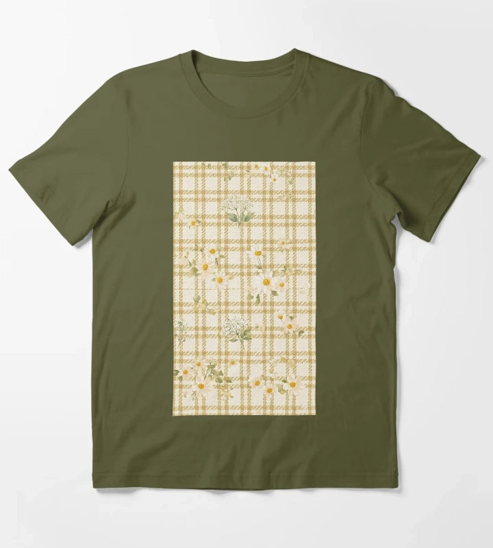 Yellow gingham daisy field pattern T-Shirt Olive Green