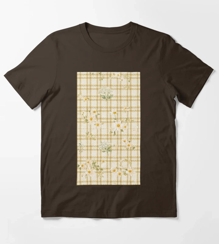 Yellow gingham daisy field pattern T-Shirt Brown