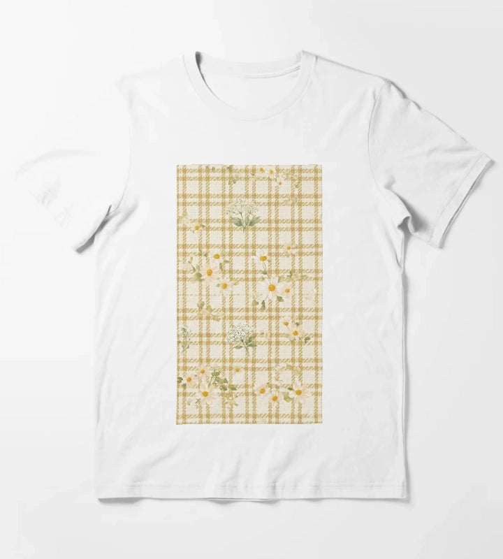 Yellow gingham daisy field pattern T-Shirt White