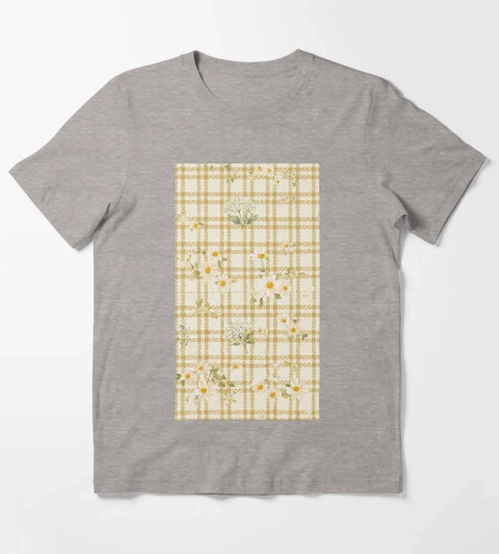 Yellow gingham daisy field pattern T-Shirt Heather Grey