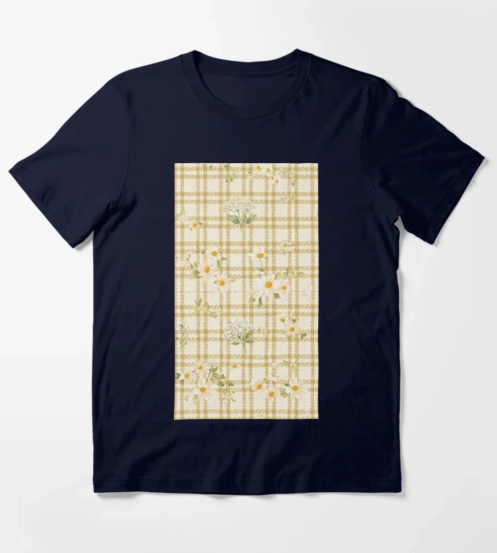 Yellow gingham daisy field pattern T-Shirt Navy