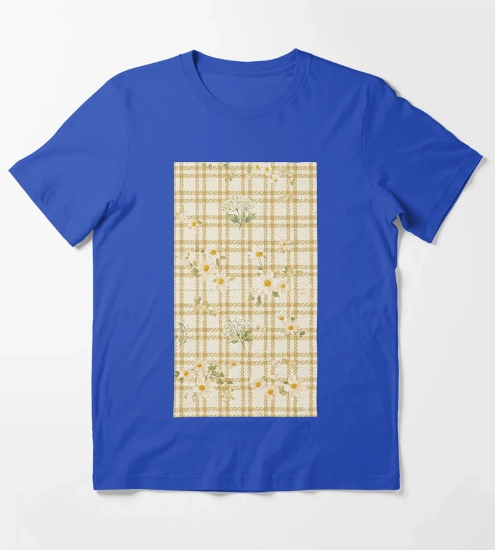 Yellow gingham daisy field pattern T-Shirt Blue
