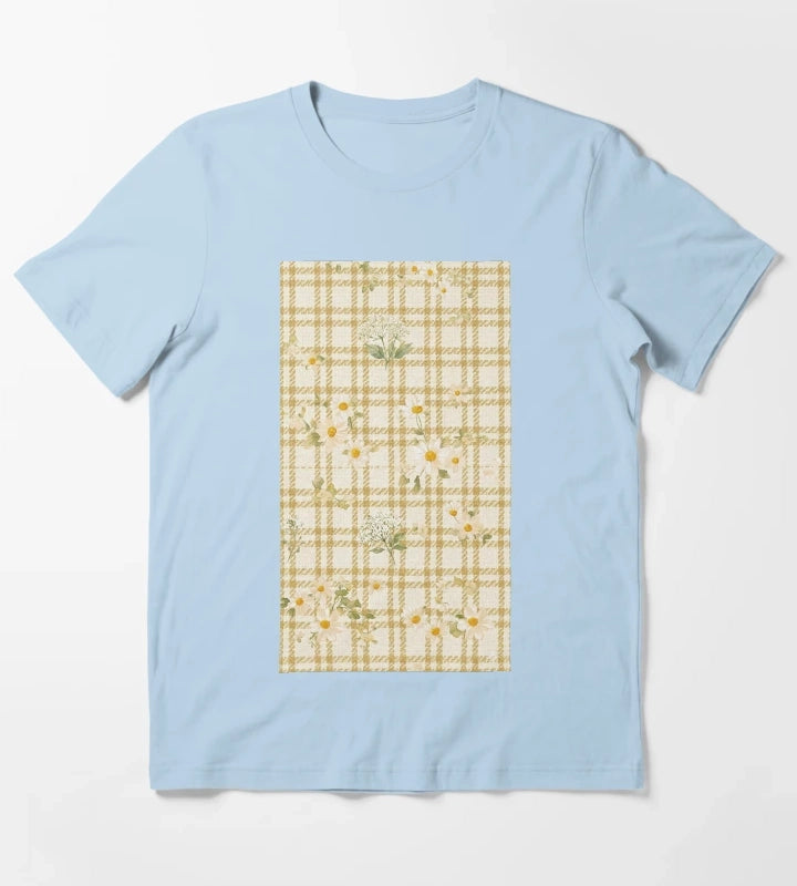 Yellow gingham daisy field pattern T-Shirt Sky Blue