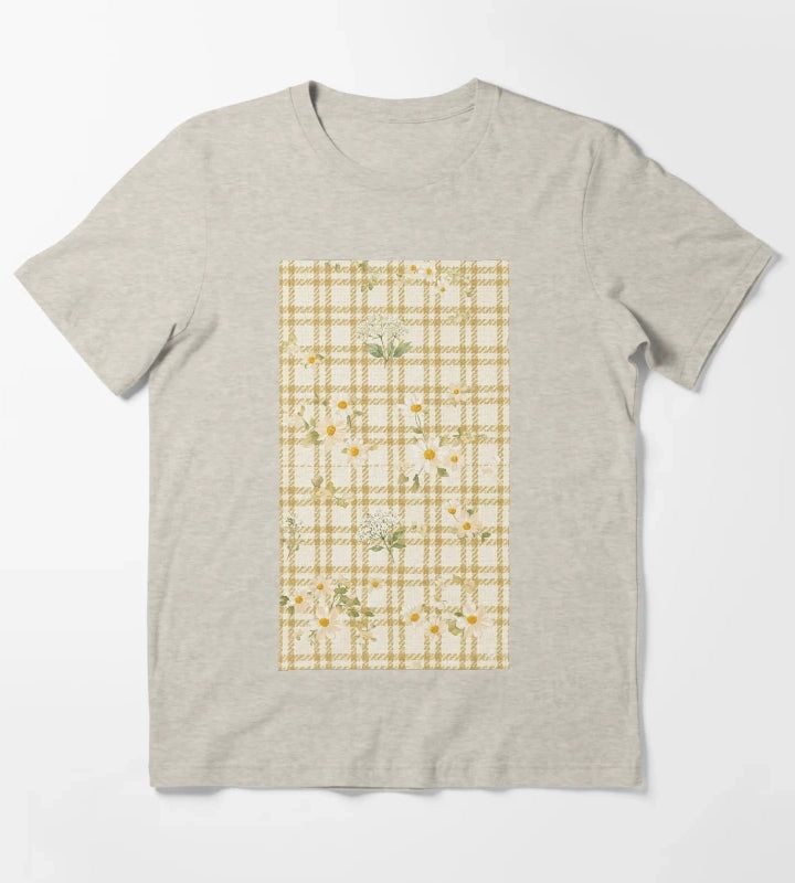 Yellow gingham daisy field pattern T-Shirt Cream