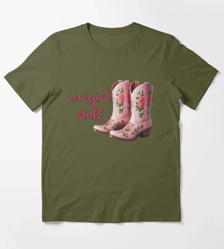 cowgirl stuff pink floral boots T-Shirt Olive Green