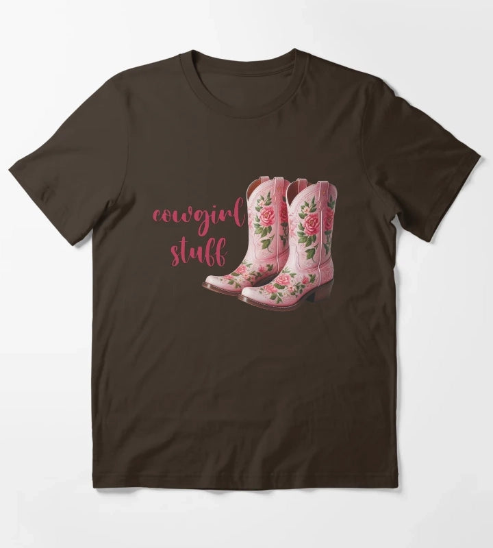 cowgirl stuff pink floral boots T-Shirt Brown