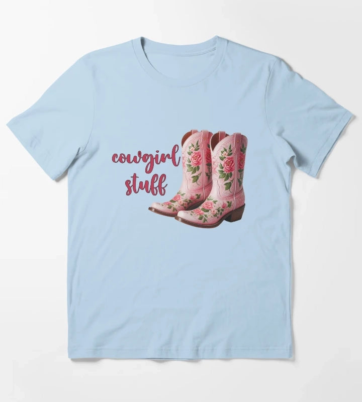 cowgirl stuff pink floral boots T-Shirt Sky Blue