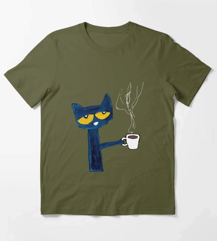 funny black cat drink coffee T-Shirt Olive Green