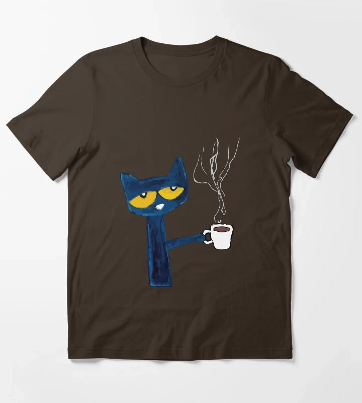 funny black cat drink coffee T-Shirt Brown