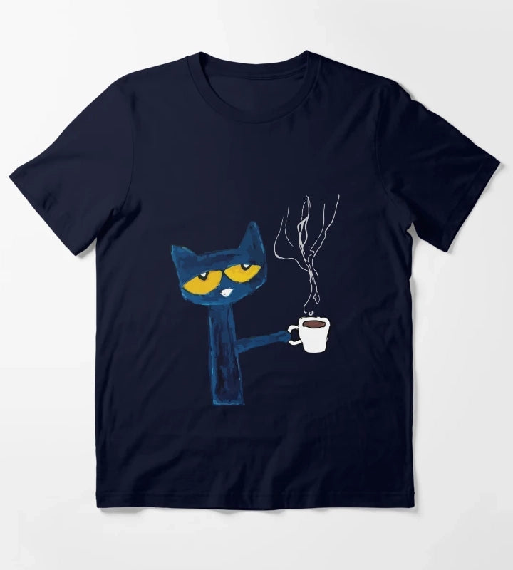 funny black cat drink coffee T-Shirt Navy