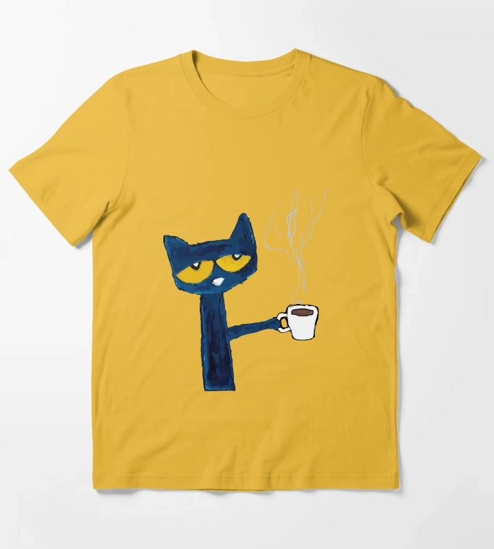 funny black cat drink coffee T-Shirt Yellow