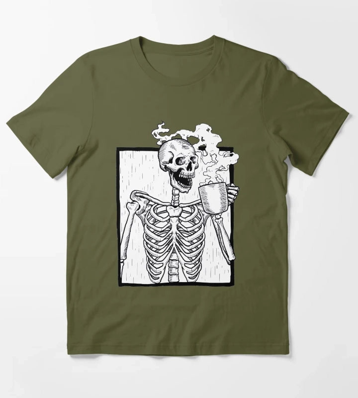 halloween coffee drinking skeleton T-Shirt Olive Green