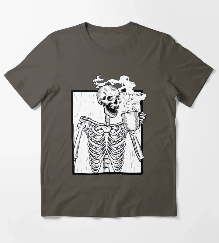 halloween coffee drinking skeleton T-Shirt Dark Grey