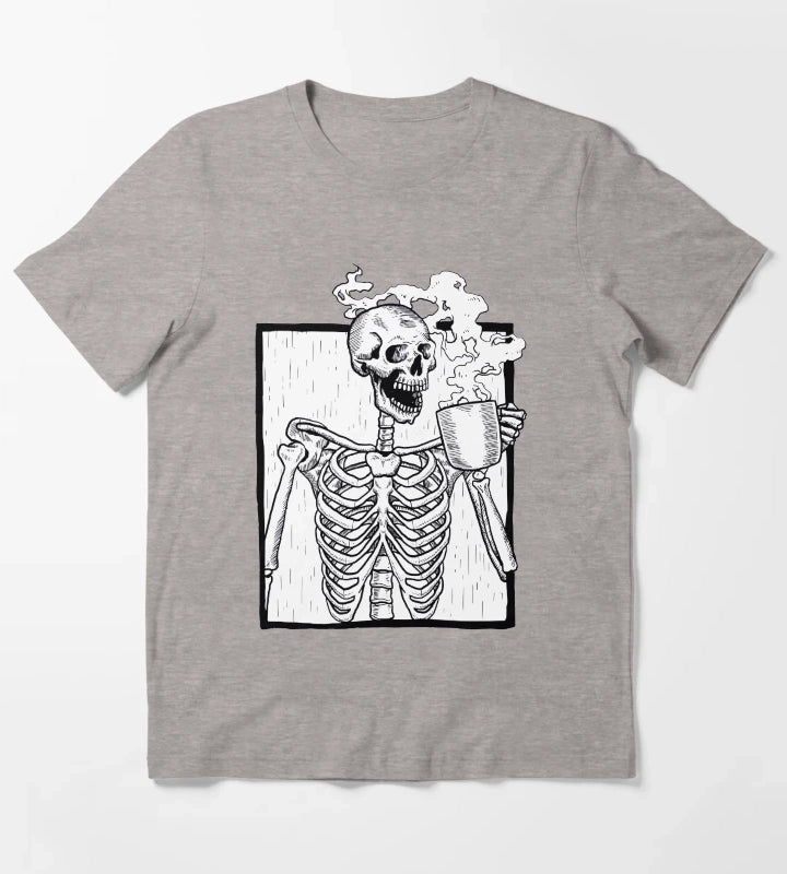 halloween coffee drinking skeleton T-Shirt Heather Grey