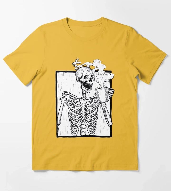 halloween coffee drinking skeleton T-Shirt Yellow
