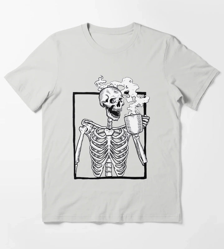 halloween skeleton drinking coffee funny T-Shirt Light Grey