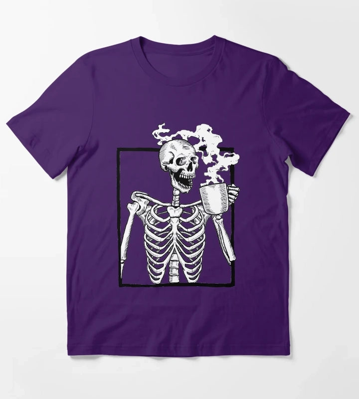 halloween skeleton drinking coffee funny T-Shirt Purple