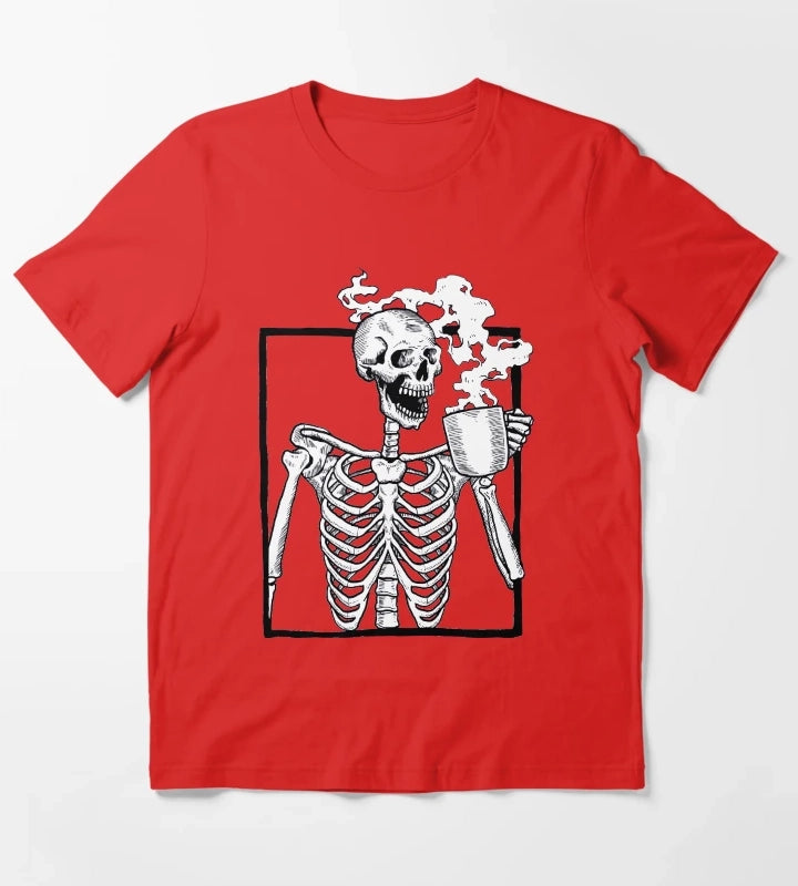 halloween skeleton drinking coffee funny T-Shirt Red