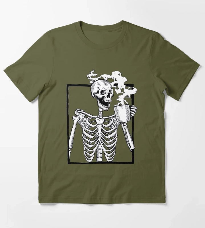 halloween skeleton drinking coffee funny T-Shirt Olive Green