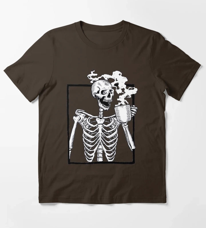halloween skeleton drinking coffee funny T-Shirt Brown