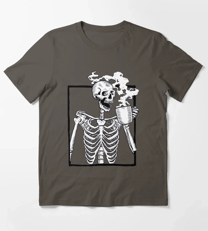 halloween skeleton drinking coffee funny T-Shirt Dark Grey