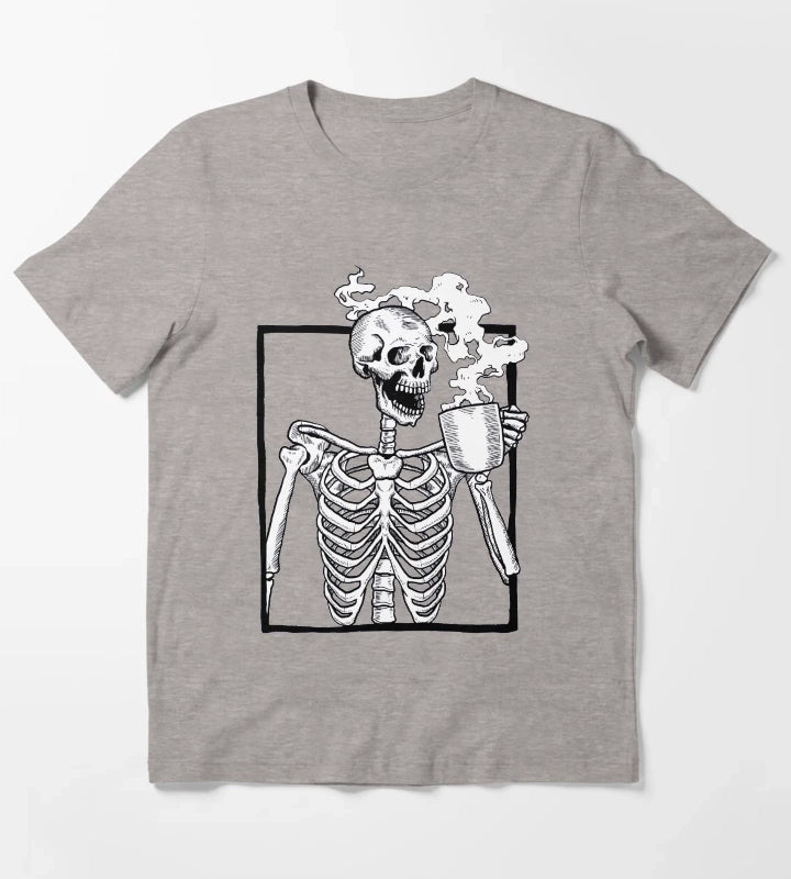 halloween skeleton drinking coffee funny T-Shirt Heather Grey