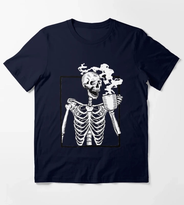 halloween skeleton drinking coffee funny T-Shirt Navy