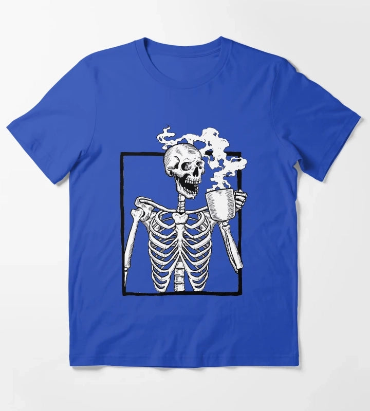 halloween skeleton drinking coffee funny T-Shirt Blue
