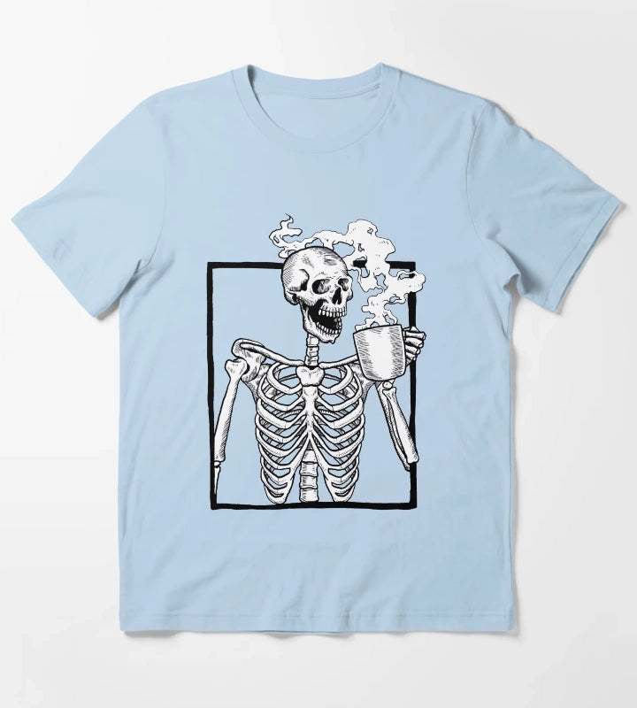 halloween skeleton drinking coffee funny T-Shirt Sky Blue