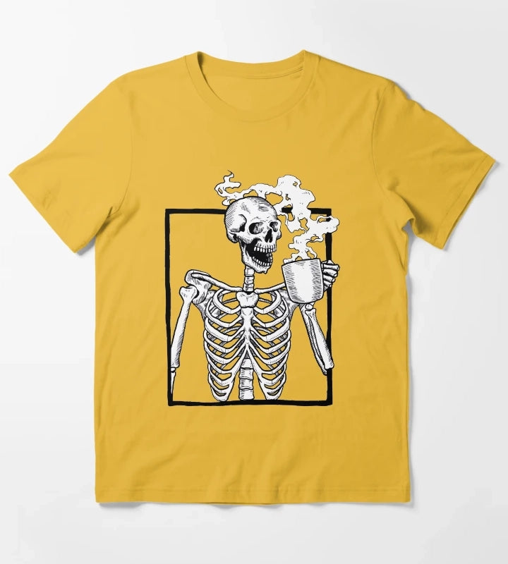 halloween skeleton drinking coffee funny T-Shirt Yellow