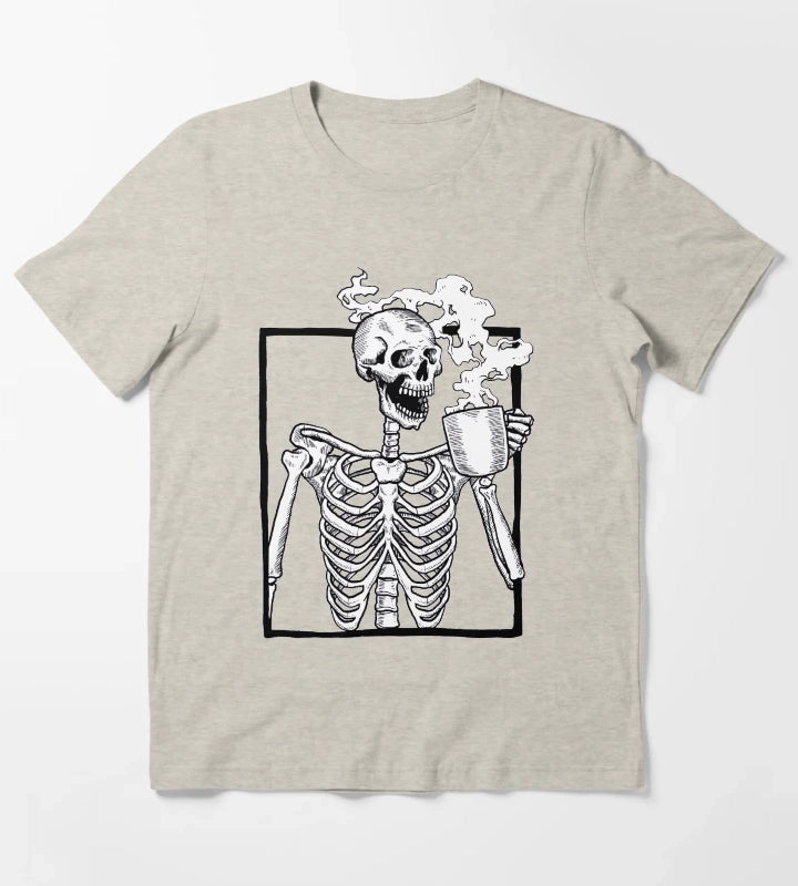 halloween skeleton drinking coffee funny T-Shirt Cream