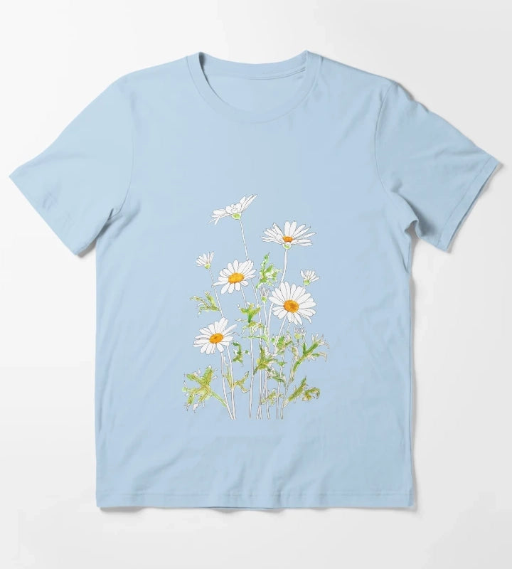 hand painted white Margaret daisy ink and watercolor T-Shirt Sky Blue