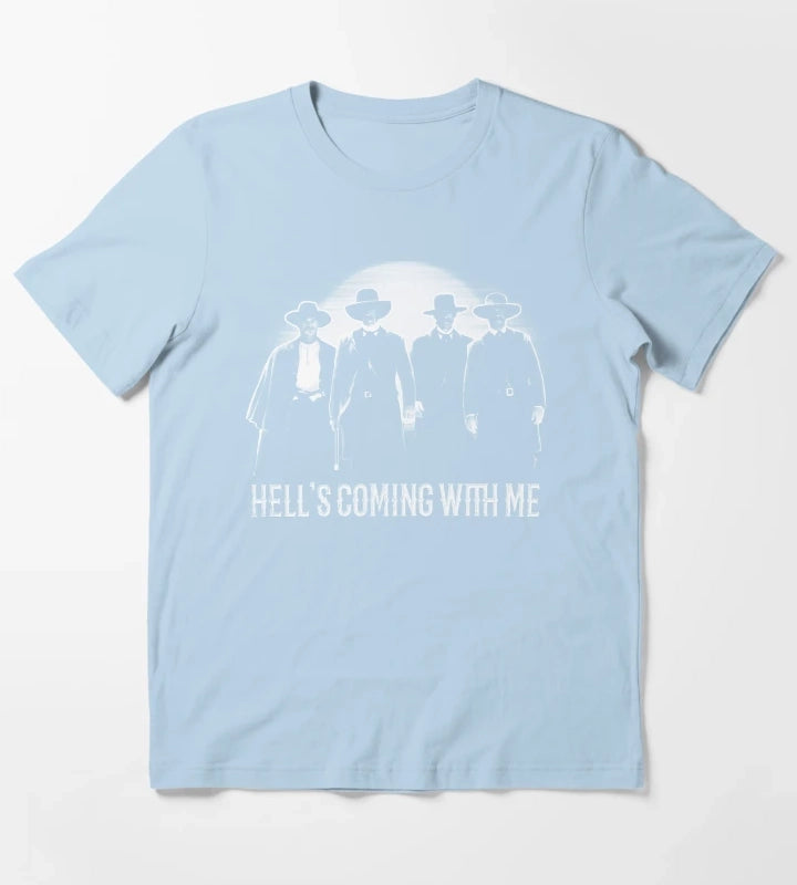 ombstone Doc Holiday Hells Coming with Me T-Shirt Sky Blue